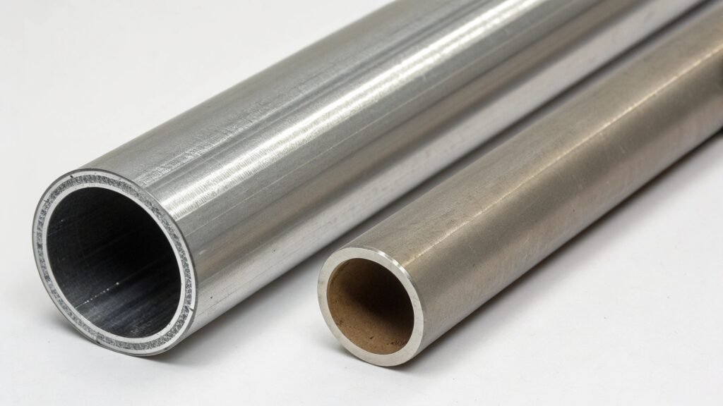 An image comparing a sleek, decorative 6063 window frame extrusion next to a robust, functional 6061 machined flange.